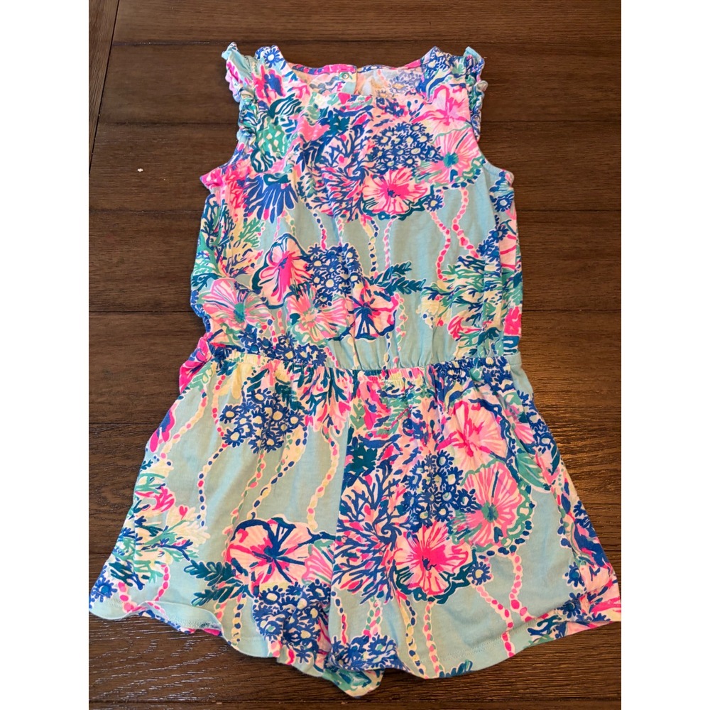 Lilly Pulitzer Romper Kids Large 8-10 Floral Coral Print Sleeveless Turquoise